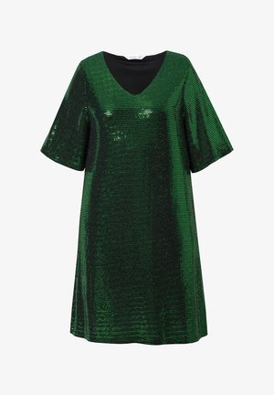 Groene paillettenjurk met een V-hals en korte mouwen, met een losse pasvorm en een gestructureerd oppervlak dat licht weerkaatst.
