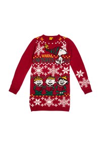 Maglione rosso lavorato a maglia con Snoopy e personaggi festivi, con la scritta "WARM WISHES", fiocchi di neve e accenti colorati. Maniche lunghe.