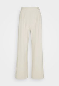 Jasnobeżowe szerokie spodnie wykonane z mieszanki lnu, z plisami w talii oraz gładkim, teksturowanym wykończeniem.