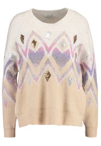 Beige knitted sweater with a geometric design, featuring sequins in gold, silver, and pastel colors. Ribbed cuffs and hem. Round neckline.
