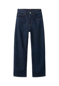 Temno modri denim kavbojki s ravnim krojem, ki vključujejo klasičen slog s petimi žepi, vidna šivana in gumbasto zapiranje v pasu.