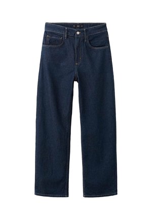Jeans in denim blu scuro con un design a gamba dritta, caratterizzati da un classico stile a cinque tasche, cuciture visibili e una chiusura a bottone in vita.