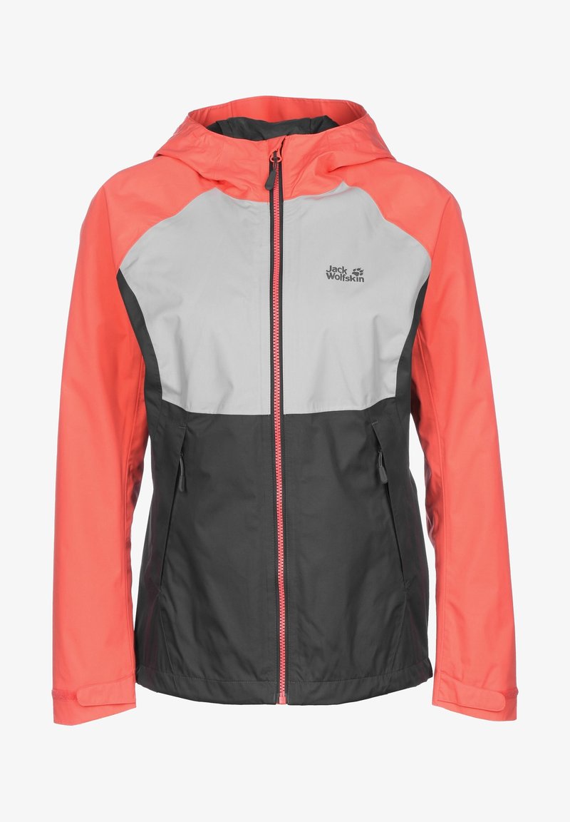 Wodoodporna kurtka z kapturem w kolorze koralowym, szarym i czarnym. Posiada przedni zamek błyskawiczny, dwie boczne kieszenie oraz logo na piersi.