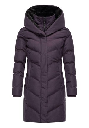 Purple puffer coat with a large hood, featuring diagonal quilted pattern, zip closure, and two side pockets. Soft texture and warm design.