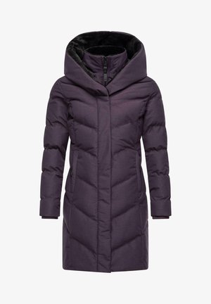Purple puffer coat with a large hood, featuring diagonal quilted pattern, zip closure, and two side pockets. Soft texture and warm design.