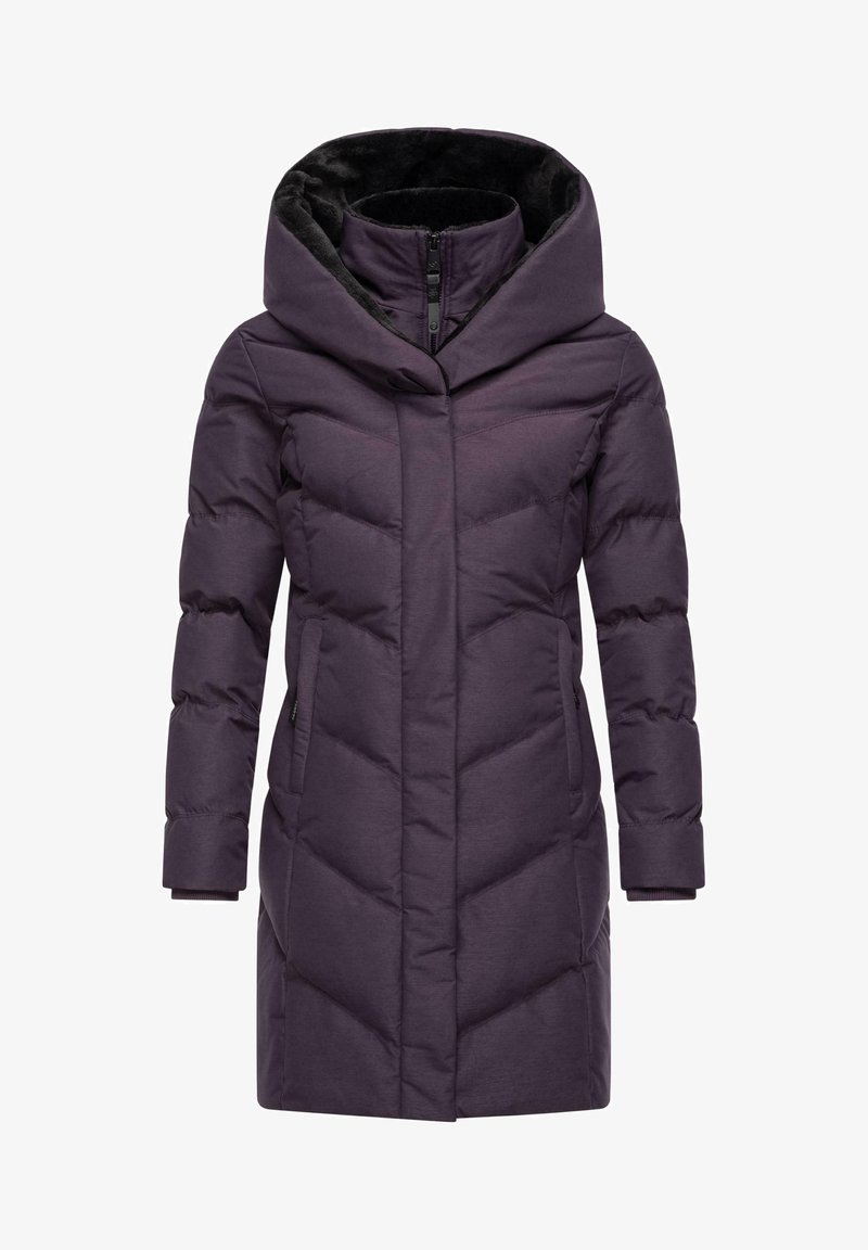Lila Daunenjacke mit großer Kapuze, diagonal gestepptem Muster, Reißverschluss und zwei seitlichen Taschen. Weicher Stoff und warme Gestaltung.