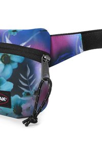 Borsa in vita con motivo floreale in tonalità blu e viola. Tessuto testurizzato con una cerniera nera e una tracolla regolabile, dotata di un'etichetta con logo.