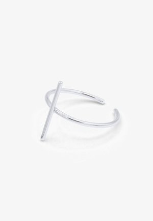 Silberne Armreife mit einem minimalistischen Design, das ein gerades Stangenakzent aufweist. Glatte, polierte Oberfläche und offene Form für Anpassungsfähigkeit.