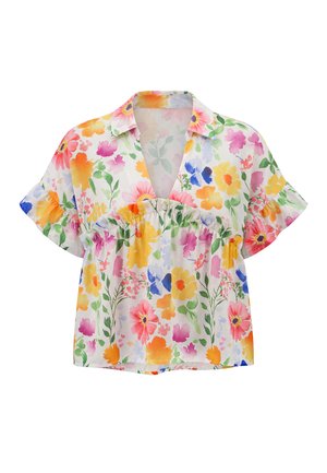 Witte blouse met korte mouwen, een geplooide taille en een helder bloemenprint in geel, roze, oranje, blauw en groen.