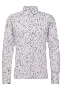 Koszula z długim rękawem zapinana na guziki, wykonana z białej tkaniny z czarnym abstrakcyjnym wzorem liniowym oraz casualowym kołnierzykiem. Wbudowane guziki z przodu.