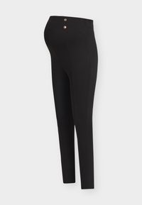 Μαύρο κολάν εγκυμοσύνης με δύο χρυσά κουμπιά στη μέση, σχεδιασμένο για άνετη εφαρμογή πάνω από την κοιλιά της εγκύου.