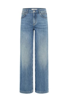 Mid-blue wide-leg jeans with high waist, front button, belt loops, and faded detailing on thighs and knees.