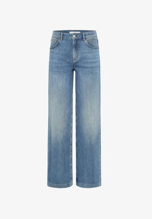 Mid-blue wide-leg jeans with high waist, front button, belt loops, and faded detailing on thighs and knees.