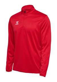Rotes langärmliges Sportshirt aus glattem, atmungsaktivem Material mit einem Viertelreißverschluss am Kragen und Hummel-Logo auf der Brust.