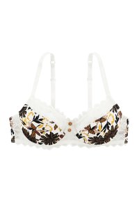Soutien-gorge à imprimé floral blanc avec finition en dentelle, bonnets rembourrés et deux boutons décoratifs au centre. Bretelles ajustables et dos semi-transparent.