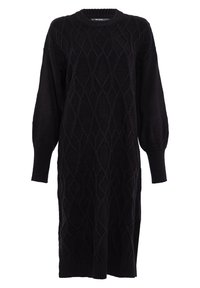Schwarzes Strickkleid mit einem strukturierten Rauten-Muster, Rundhalsausschnitt und langen Puffärmeln. Verfügt über gerippte Bündchen und Saum.
