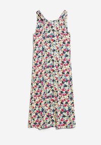 Robe midi sans manches avec larges bretelles, présentant un motif dense de petites fleurs rouges, jaunes, bleues et noires sur fond clair.