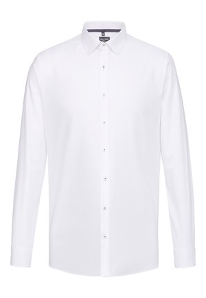 Camicia bianca a maniche lunghe con colletto classico, chiusura frontale con bottoni e una texture liscia. Presenta dettagli con bottoni lucidi lungo la pattina.