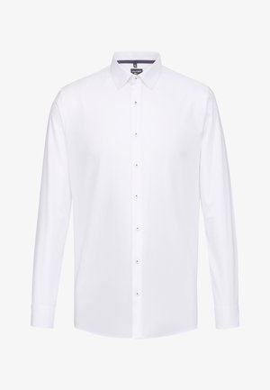 Witte blouse met lange mouwen, klassieke kraag, knoopsluiting aan de voorkant en een gladde textuur. Heeft glanzende knoopaccenten langs de knoopsluiting.