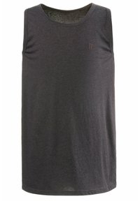 Graues ärmelloses Tanktop aus weichem Stoff. Verfügt über einen runden Halsausschnitt und ein kleines Logo auf der linken Vorderseite.