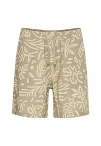 Heledad hallid lühikesed püksid beežide botaaniliste mustritega, valmistatud pehmest kangast. Omavad elastset vööd ja pingutusnööri reguleeritava istuvuse tagamiseks.