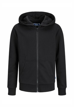 Schwarze Reißverschluss-Trainingsjacke aus weichem, glattem Stoff. Hat eine Kapuze, zwei Fronttaschen, gerippte Bündchen und Saum sowie ein Markenschild an der Seite.