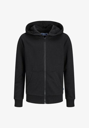 Crna zip-up dukserica od mekog, glatkog materijala. Sadrži kapu, dva prednja dzepa, rebraste rukave i donji rub, s oznakom branda sa strane.