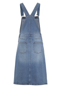 Mekko, jossa on denimlook ja vaaleansininen väri. Siinä on säädettävät olkaimet, etupussit ja vartalonmyötäinen vyötärö, joka laajenee helmaa kohti.
