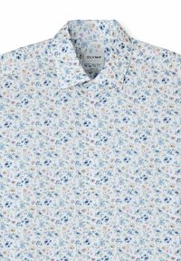 White button-up shirt with a small floral pattern in blue, pink, and yellow, featuring a classic collar and a label inside the neckline.