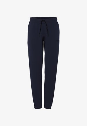 Dunkelblaue Jogginghosen aus weichem Material, mit einem elastischen Bund und Kordelzug, tapered Beinen und einem kleinen Logo an der Seite.