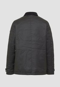 Schwarze gesteppte Jacke mit einem Kordkragen, gerader Schnitt, seitlichen Knöpfen und strukturierter Oberfläche. Rückansicht, keine sichtbare Markenkennzeichnung.