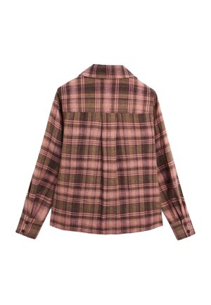 Langærmet skjorte med knapper med brun og lyserød ternet mønster, spredt krave og knappede manchetter, vist bagfra på hvid baggrund.