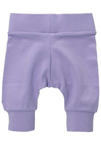 Liliowe bawełniane szorty z elastyczną talią, lekkiego materiału, dopasowanymi mankietami i zaokrąglonym dołem. Prosty design bez wzorów i akcentów.