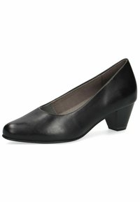 Escarpins à petit talon pour femmes noires, avec bout arrondi et finition en cuir lisse, conçus pour un usage formel ou au bureau.