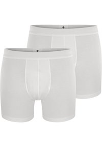 Hvide bomulds boxershorts med elastisk talje, med en åbning foran og en glat tekstur. To par vist stablet vertikalt.
