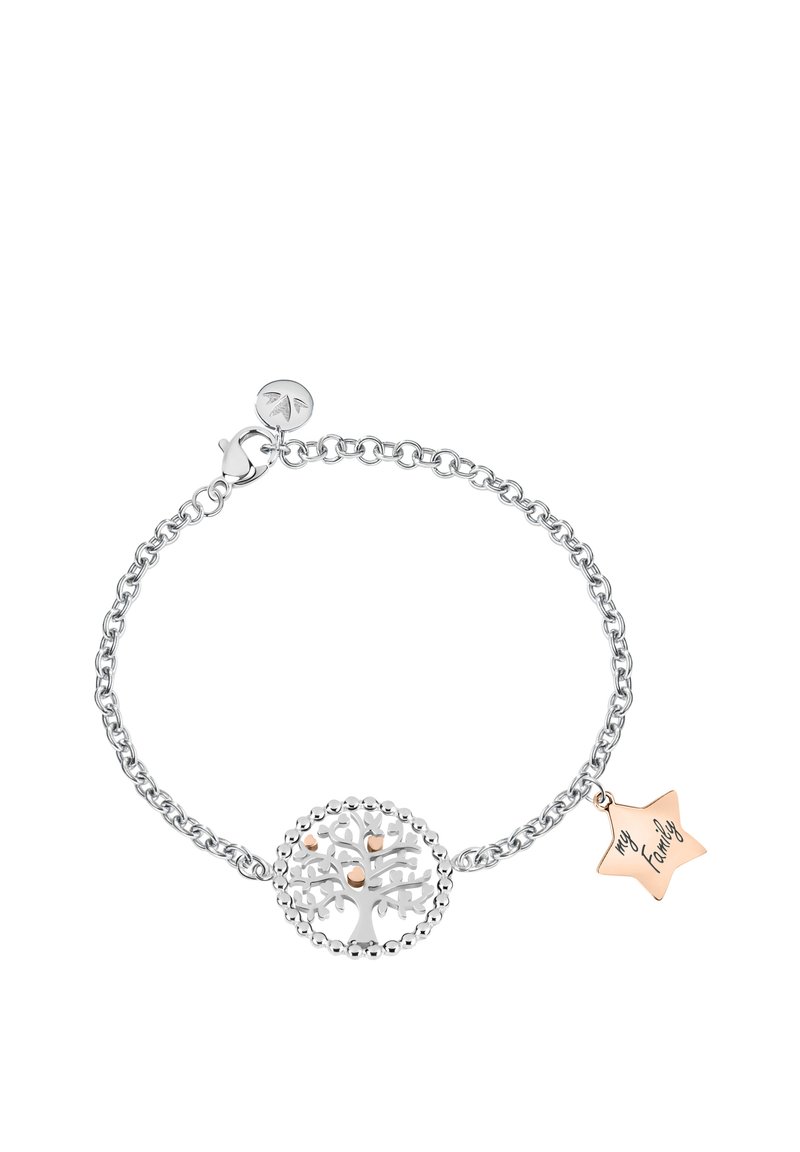 Braccialetto in argento con pendente a forma di albero della vita circolare con accenti dorati e un charm a stella inciso con la scritta "La mia famiglia".
