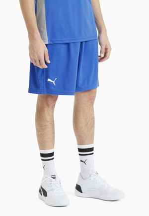 Shorts de sport bleus avec un panneau gris, arborant un logo Puma blanc. Associés à des chaussures blanches et des chaussettes à rayures noires. Texture lisse.