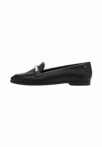 Loafers negri din piele, cu un design elegant, având o clapetă frontală decorată cu trei perle albe și un toc de profil redus.