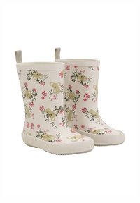 Bottes de pluie en caoutchouc avec une base blanche. Présentent un motif floral en rose et vert, représentant des koalas. Comprennent des anses en haut.