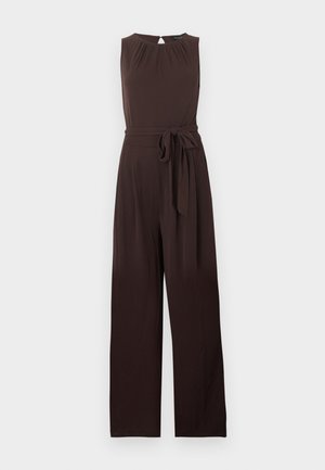Sleeveless dark brown jumpsuit with wide legs, keyhole neckline, and matching fabric belt tied at the waist.