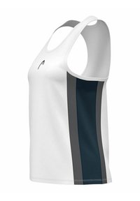 Camiseta sin mangas blanca con un panel lateral de malla azul oscura transpirable y detalles en gris. Presenta un escote redondo y un diseño sin mangas para mayor comodidad.