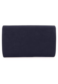 Rektangulär glasögonfodral i marinblått läder med en något texturerad yta, visas stängd mot en vit bakgrund.