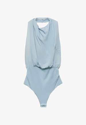 Light blue bodysuit made from soft fabric; features draped neckline and fitted bottom, with an open back and minimal hardware details.