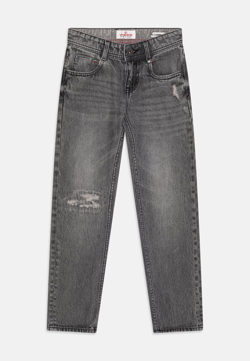 Jean en denim gris coupe décontractée, avec un motif usé sur la cuisse et un design classique à cinq poches, fini par une braguette à boutons.