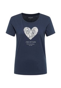 Námořnická modrá bavlněná tričko s bílým květinovým srdcem a textem "J'aime les fleurs" pod ním. Kulatý výstřih a krátké rukávy.