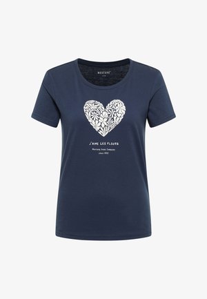 Námořnická modrá bavlněná tričko s bílým květinovým srdcem a textem "J'aime les fleurs" pod ním. Kulatý výstřih a krátké rukávy.