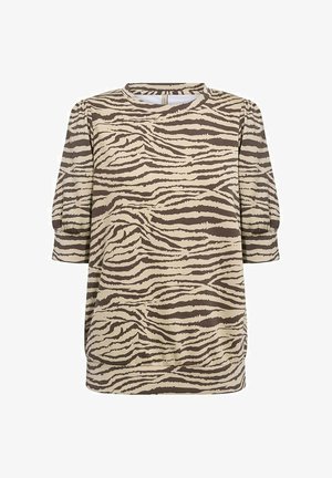 Braunes und beiges Kleid mit einem Tigerstreifenmuster; verfügt über einen rundem Ausschnitt, dreiviertellange Puffärmel und einen lockeren Schnitt.