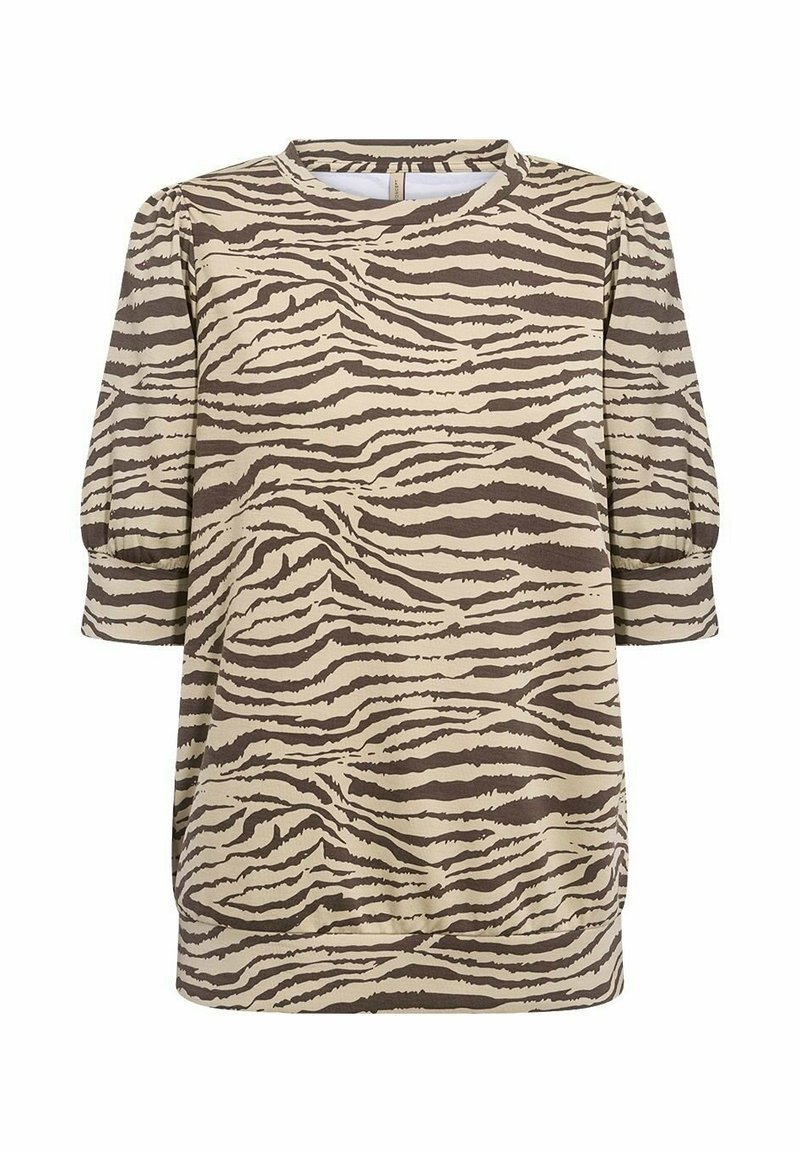 Bruine en beige jurk met een tijgerstrepen patroon; met een ronde hals, driekwart puffmouwen en een losvallend ontwerp.