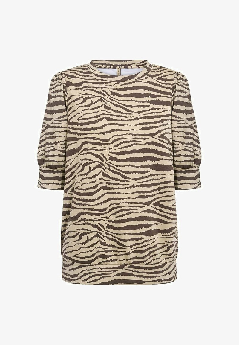 Braunes und beiges Kleid mit einem Tigerstreifenmuster; verfügt über einen rundem Ausschnitt, dreiviertellange Puffärmel und einen lockeren Schnitt.