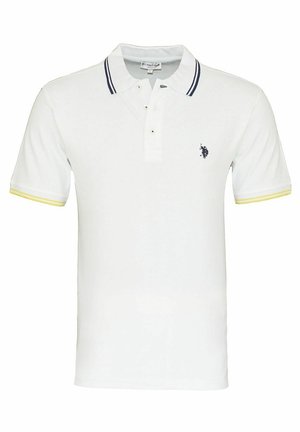 Polo bianca in cotone, con abbottonatura a due bottoni, colletto blu navy e dettagli gialli sulle maniche con logo ricamato.
